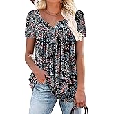 ROSELINLIN Women's Short Sleeve Shirts Floral Summer Tops Loose Fit for Leggings