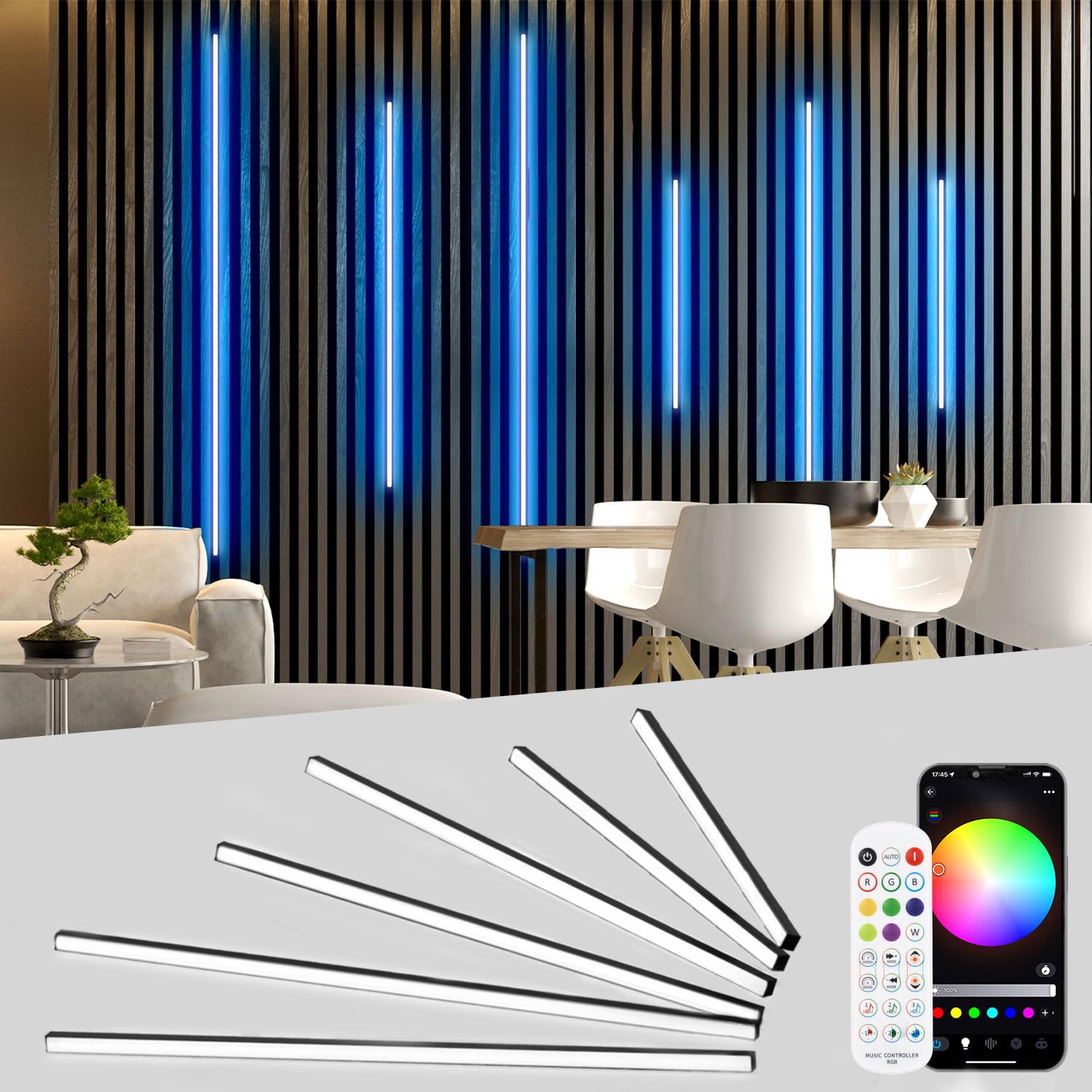 Photo 1 of ***FOR PARTS/ NON-FUNCTIONAL*** Lichaser RGB Black Smart Recessed Lighting for Acoustic Panel, 6 Pcs WiFi LED Strip Light for Wood Slat Wall Panel Compatible with Alexa, Self-Adhesive Smart LED for Slat Wall (2*36+2*24+2*16 in)