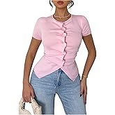 Floerns Women's Fall Outfits Ruched Button Down Lightweight Sweater Tops Short Sleeve Ruffle Trim Rib Knitted Blouse Shirts