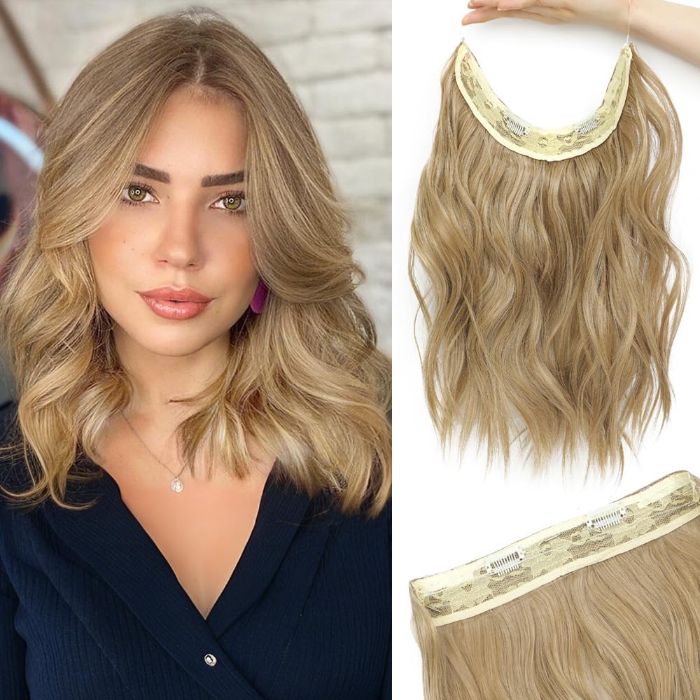 Secret Hair Extensions 12 Inch Dark Blonde Hairpiece Invisible Wire Hairextensions Clip in Synthetic hair Pieces for Women Natural Wavy hairextension — image 1
