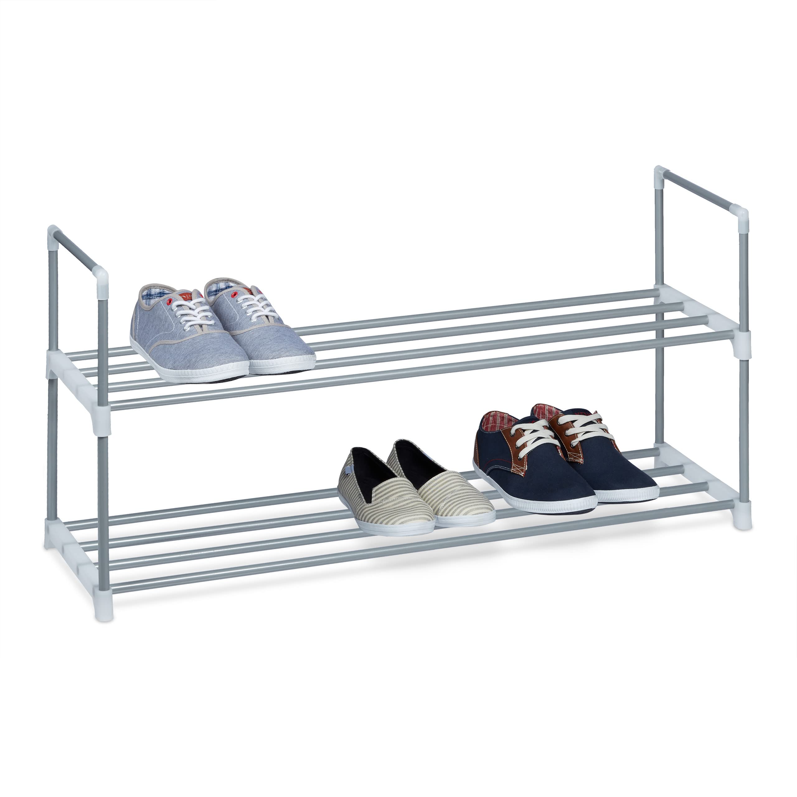 Relaxdays Shoe Rack, Size: 45 x 90 x 30 cm Shoe Storage made of Powder-Coated Metal with 2 Levels, 2 Shelves as Shoe Holder and Free-Standing Shoe Stand for the Hallway for 8 Pairs of Shoes, Silver