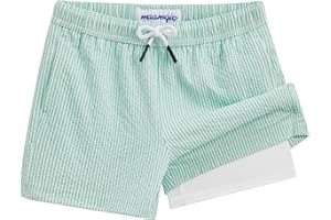 maamgic Boys Swim Trunks with Compression Liner Seersucker Swim Shorts Recycled Toddler Swimsuit