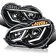 Spec-D Tuning Jet Black LED Bar Projector Headlights Compatible with 2001-2007 Mercedes-Benz W203 C-Class Sedan, Left + Right Pair Headlamps Assembly