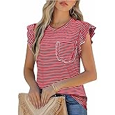 JUSTFASHIONNOW Womens Summer Tops Striped T-Shirts 2026 Ruffle Short Sleeve Crew Neck Casual Blouses with Pocket