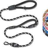 6 Foot Dog Leash, Two Extra Padded Handles, Locking Carabiner Clip, Reflective for Night Visibility, Weatherproof, Heavy Duty Rope Leash, Roam Gear (Black)