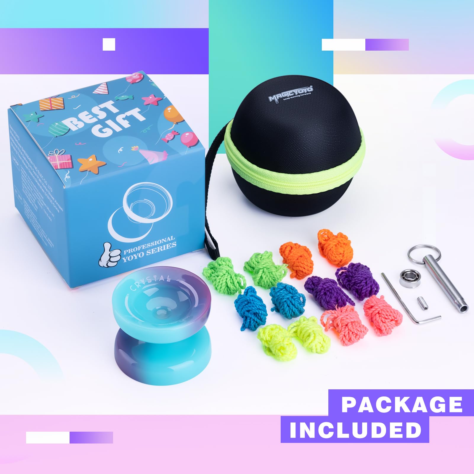 Yoyo Professional K2 Crystal Yo Yo, Responsive Yo-yo for Kids Beginners, Dual Purpose Yoyo for Adults Advanced + Unresponsive Yo-Yo Bearing + 12 Strings+Storage Bag + Bearing Tool ( Blue Purple)