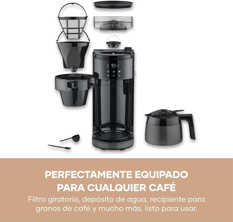 de goteo con jarra térmica y molinillo, 1L de capacidad, hasta 8 tazas, sistema antigoteo, aroma intenso, apagado automática, pantalla LED, 900W, inox oscuro, negro, KA 4831 — foto 8 de 8
