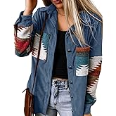 Perbai Womens Corduroy Flannel Shirt Long Sleeve Button Down Aztec Loose Shacket Jacket with Pockets