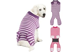 QUEARN 2 Packs Breathable Cotton Dog Recovery Suit for After Neuter Spay Abdominal Wounds Protector, Professional Anti-Licking Onesies for Male Female Pets Surgery Bandages, XL Purple & Pink Stripes