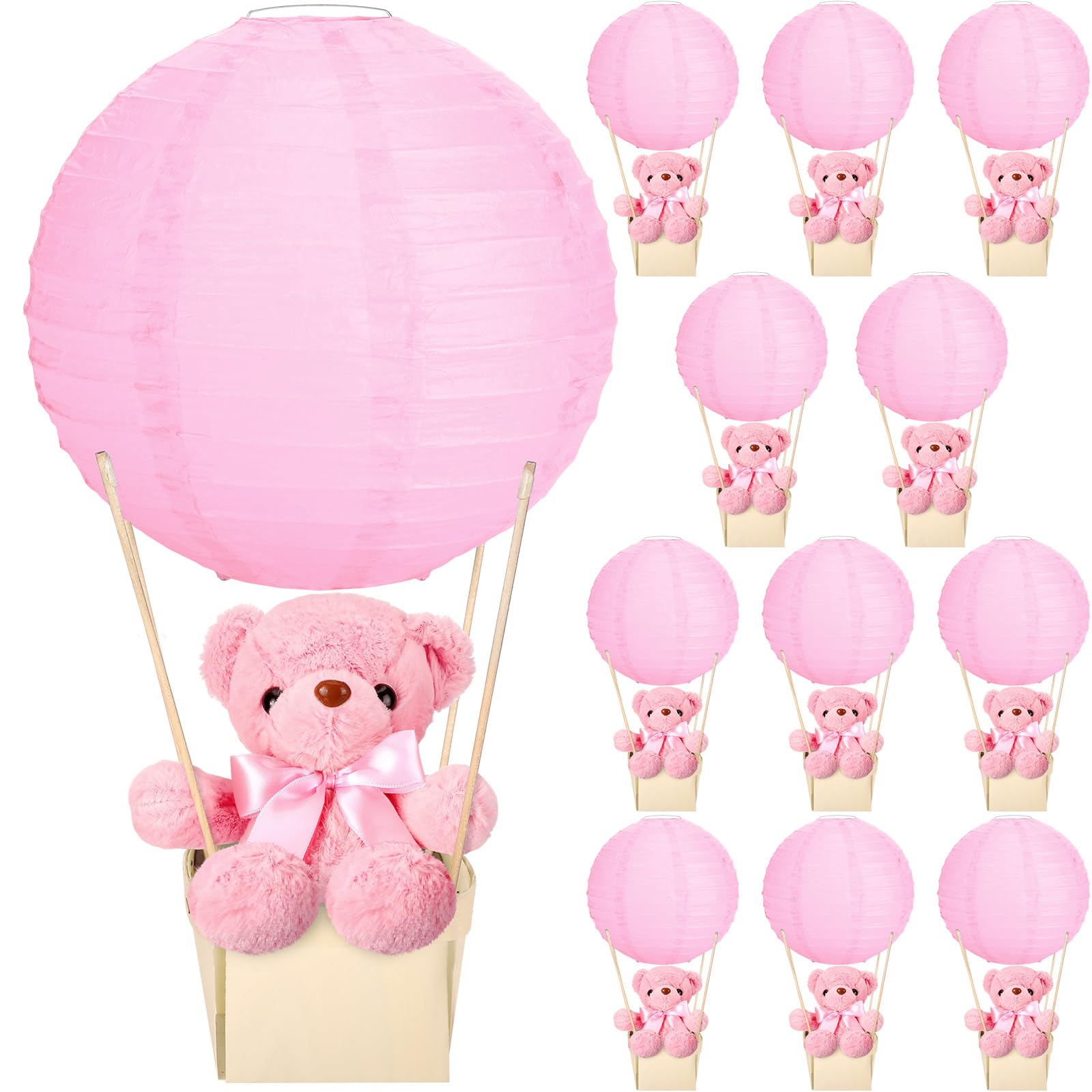 Photo 1 of Baquler 12 Sets Baby Shower Hot Air Balloon Table Centerpieces DIY Paper Lanterns Stuffed Plush Bear Wooden Baskets for Wedding Birthday Gender Reveal (Pink,Solid Style)