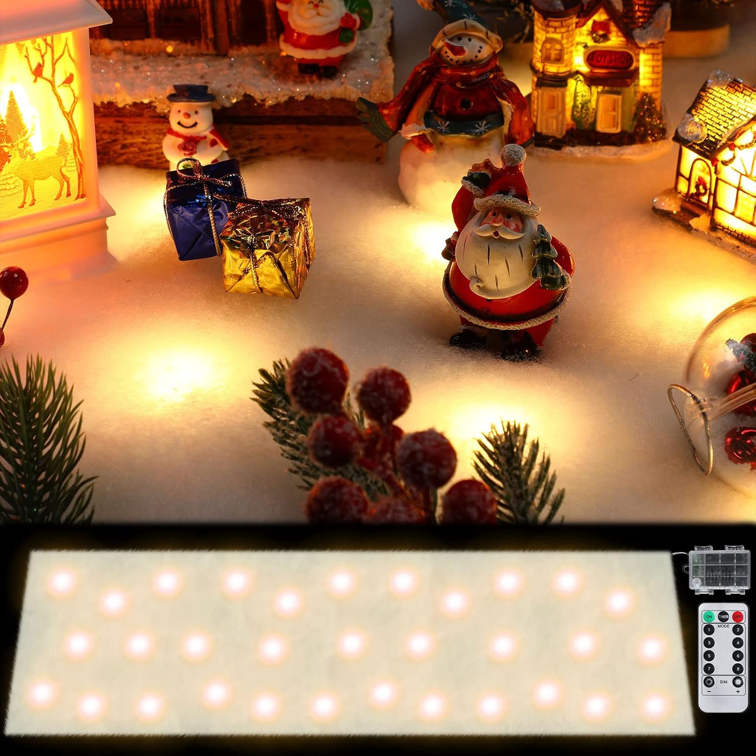 Artificial Snow - Zhengmy Christmas Snow Blanket with LED Lighted Table Runner Warm Light for Village Decorations Xmas Artificial Holiday Decor, 59 x 16 Inches