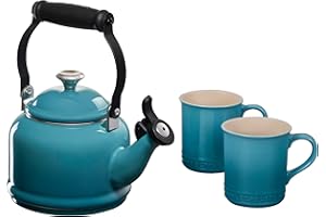 Le Creuset Enamel On Steel Demi Kettle with Metal Finishes & Stoneware Set of 2 Mugs, 1.25 qt. Kettle & (2) 14 oz. Mugs, Caribbean