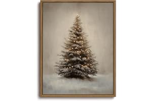KISSFOX Vintage Christmas Tree Framed Wall Art Snowy Canvas Art Rustic Neutral Winter Christmas Tree Paintings Art Prints Modern Farmhouse Pictures Wall Decor For Kitchen Bedroom Living Room