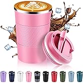 Volhoply 13 oz Stainless Steel Insulated Travel Coffee Mug with Fip Lid,Reusable Double Wall Vacuum Metal Coffee Cup,Portable to Go Leak Proof Cafe Thermal Tumbler for Hot & Cold Drinks(Pink,1)