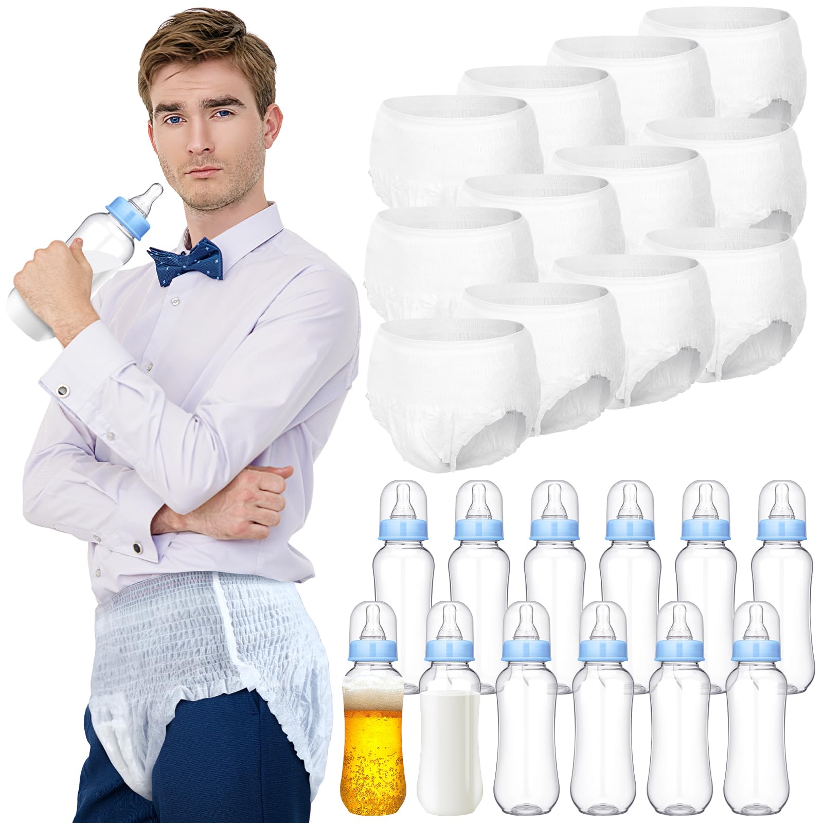Photo 1 of Hushee 12 Sets Funny Plastic Bottle Chug Baby Shower Games Diaper Baby Shower Game Gender Reveal Race Gifts Decoration for Adults Boys Girls (Blue)