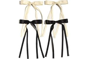 LFOUVRE 4pcs Hair Clips for Women Tassel Ribbon Bowknot With Long Tail, Clip Girl, Solid Accessories Barrettes Claw Bow (Black&Beige)