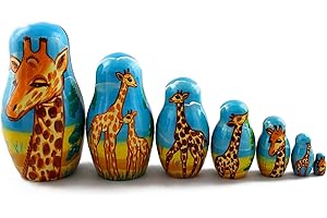 MATRYOSHKA&HANDICRAFT Matryoshka Babushka Russian Nesting Wooden Stacking Doll Giraffes in Africa 7 Pcs