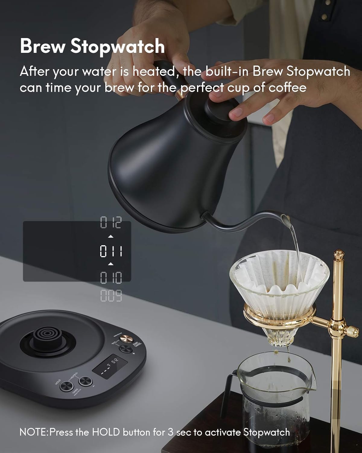 Willsence Electric Gooseneck Kettle Temperature Control, Pour Over Kettle for Coffee and Tea, 100% Stainless Steel Inner Lid and Bottom, 1200W Rapid Heating, 0.8L, Built-in Stopwatch, Matte Black: Kitchen & Dining