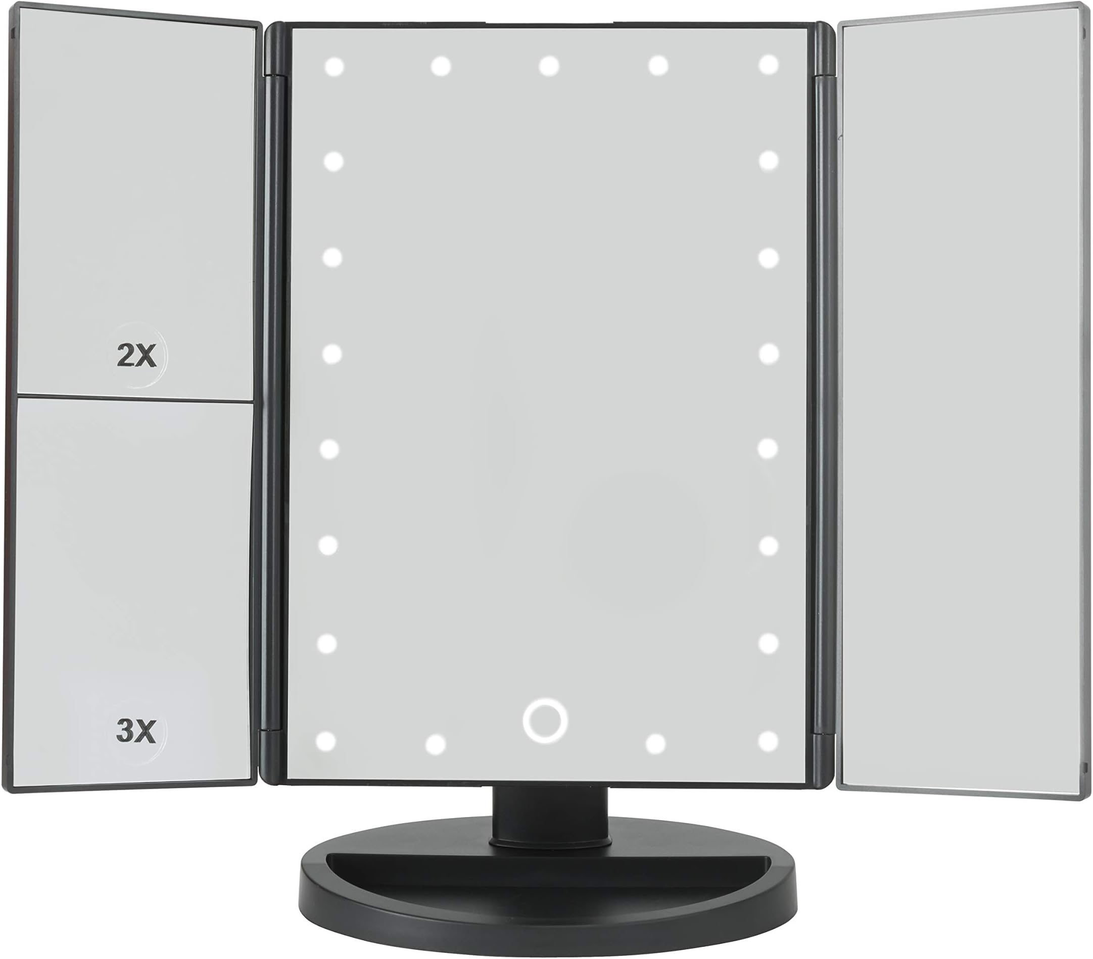 MMP Living Makeup Mirror with 21 LED Lights,3x/2x Magnification,Trifold Mirror, 180° Adjustable Rotation, Dual Power Supply, Countertop Cosmetic Mirror - Black