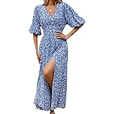 Plustrong Womens Summer Boho Print V Neck Flowy Slit Maxi Dress Empire Waist Casual Long Beach Dress