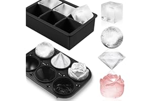 AMFOCUS 2Pack Silicone Square and Round Ice Cube Trays - Sphere, Rose, Diamond Molds for Whiskey, Cocktails & DIY