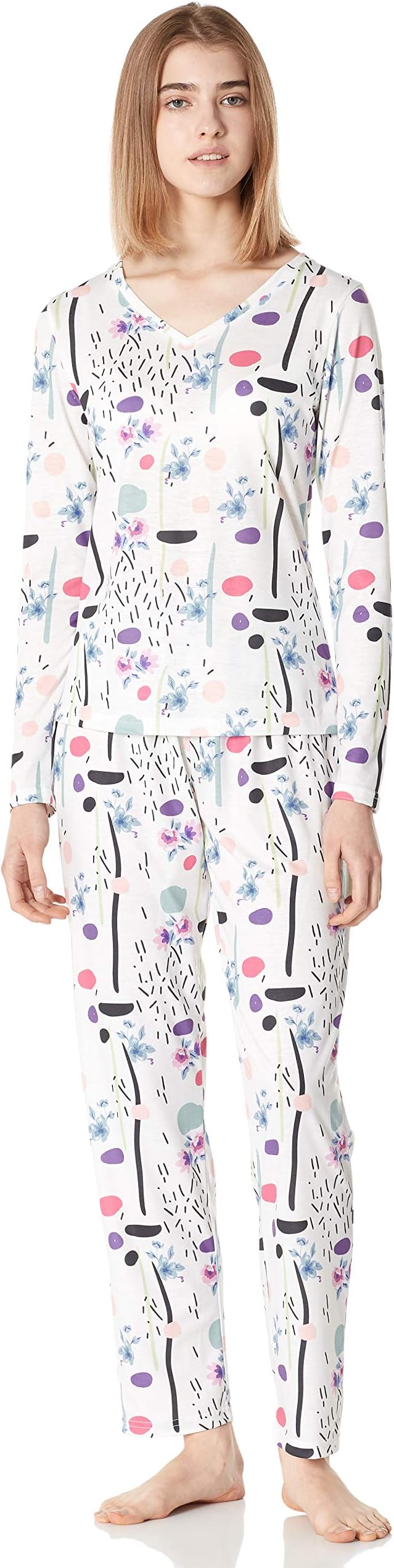 Selene Women's Sleepwear Knit V-Neck Long-Sleeve Tee T-Shirt&Pant Pajama Set