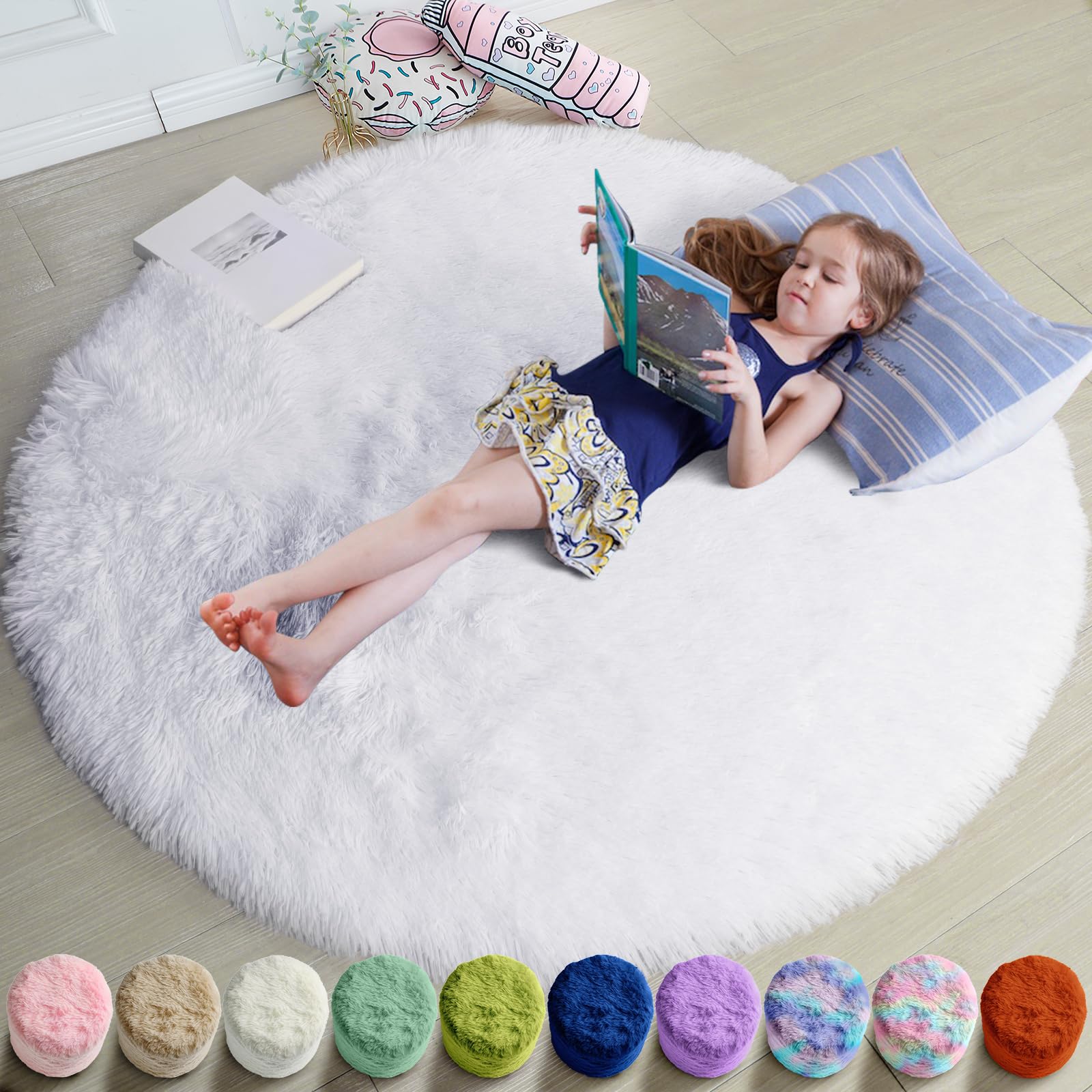 White Round Fluffy Carpet - 5'X5' for Bedroom, Kids, Teen's & Nursery Room - Plush Shaggy Rug for Dorm & Baby's Room Decor — image 1