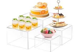YJNBEST Set of 4 Buffet Risers, Food Display Stands for Party, Acrylic Risers for Display Cake Collectibles Jewelry Figures Show, Clear Cube Dessert Table Display Nesting Riser with Hollow Bottoms 8"x7"x6"x5"