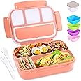 Bento Box Adult Lunch Box, Lunch Containers for Kids Girls Boys with 4 Compartments, Lunchable Food Container with Utensils, Sauce Jar, Muffin Liners, 40 Oz/5 Cup, Microwave & Dishwasher Safe, Pink