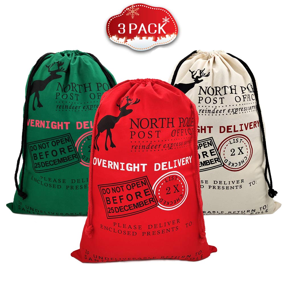 SumDirect 3Pcs Christmas Bag Santa Sack Large Canvas Bags with Drawstrings for Large Xmas Package Storage, Event Party Supplies Cotton Bag Party Favors Gift Bags 50x70 cm