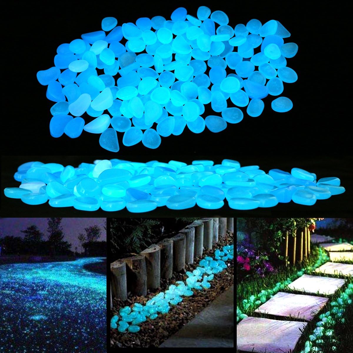 PROLOVE Glow in the Dark Garden Pebbles Stones for Yard and Walkways Decor, DIY Decorative Luminous Stones in Blue (200 PCS)