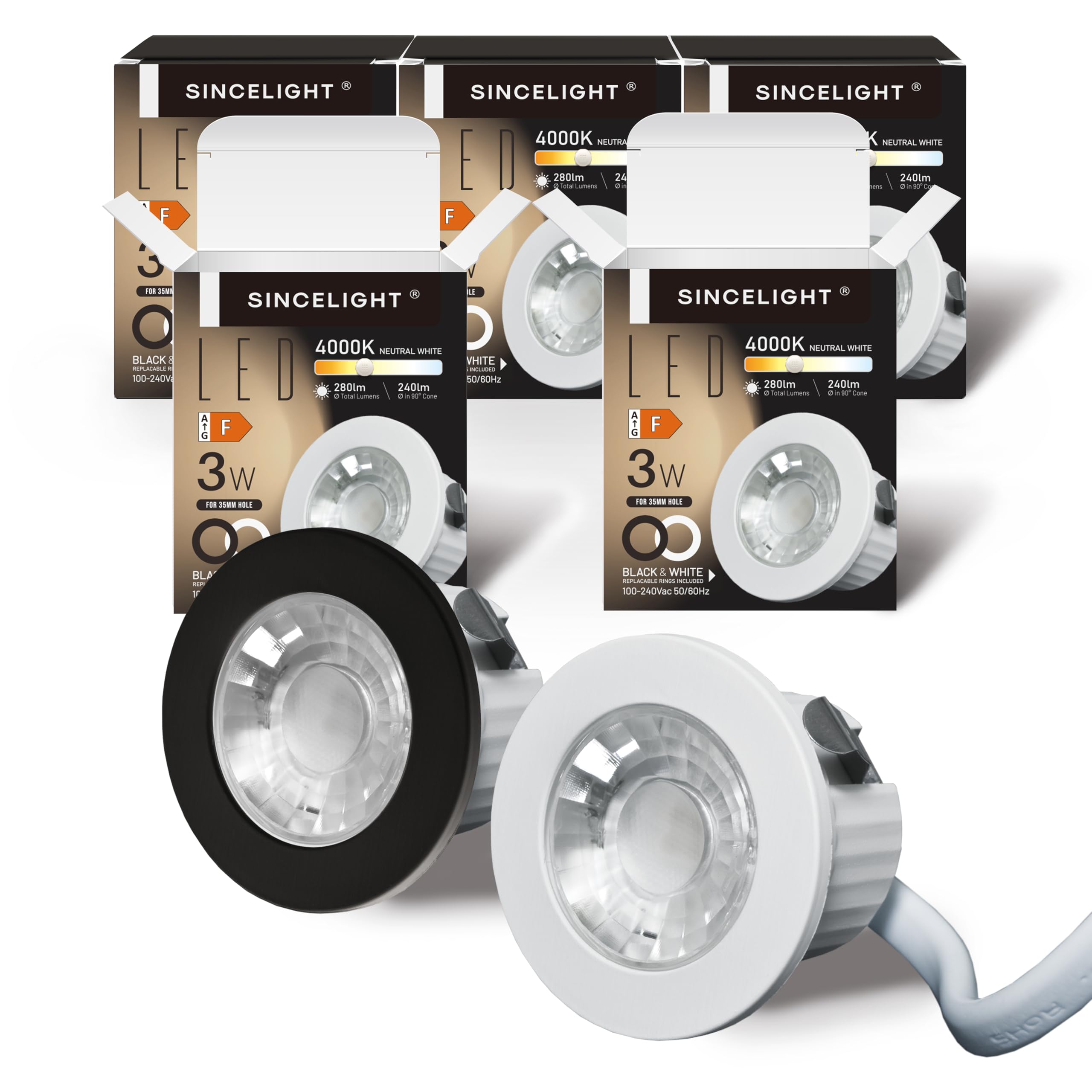 SINCELIGHT MINI Recessed Spotlight,Small Downlight for 35-40mm Ceiling Hole,Cabinet,Showcase, MR11 Replacements,White and Black Ring Replaceable,IP65 Waterproof,NeutralWhite 4000K,RA≈92,Pack of 5