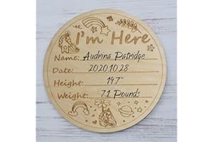 CUALFEC Wood Baby Birth Announcement Sign 6 Inch Large Round Dual-Sided Personalized Newborn Photo Props (A)