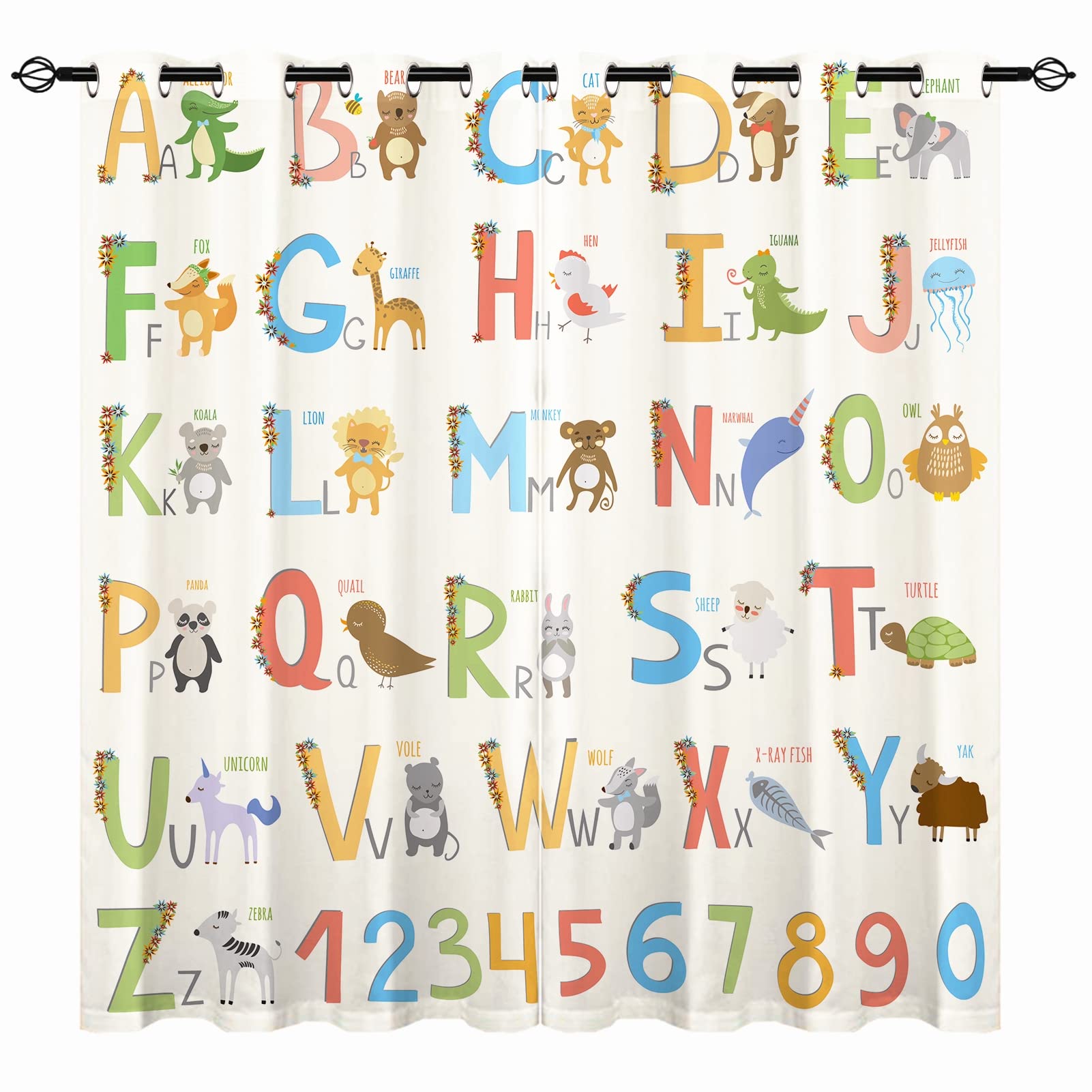 YUANZU ABC Curtains - Kids Boys Girls Eyelet Blackout Alphabet with Cartoon Animals Print Pattern Thermal Insulated Room Darkening Window Drapes for Nursery Baby Bedroom 2 Panels W117cm x D137cm