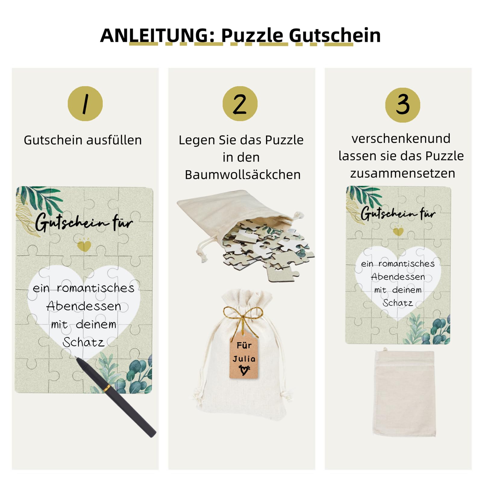KCatsy Gutschein Puzzle Geburtstagskarte - Gutscheine zum selber ausfüllen Gutschein Geburtstag - Gutschein Verpackung Personalisierte Geschenke Idee mit Baumwollsäckchen Stift Geschenkanhänger 3