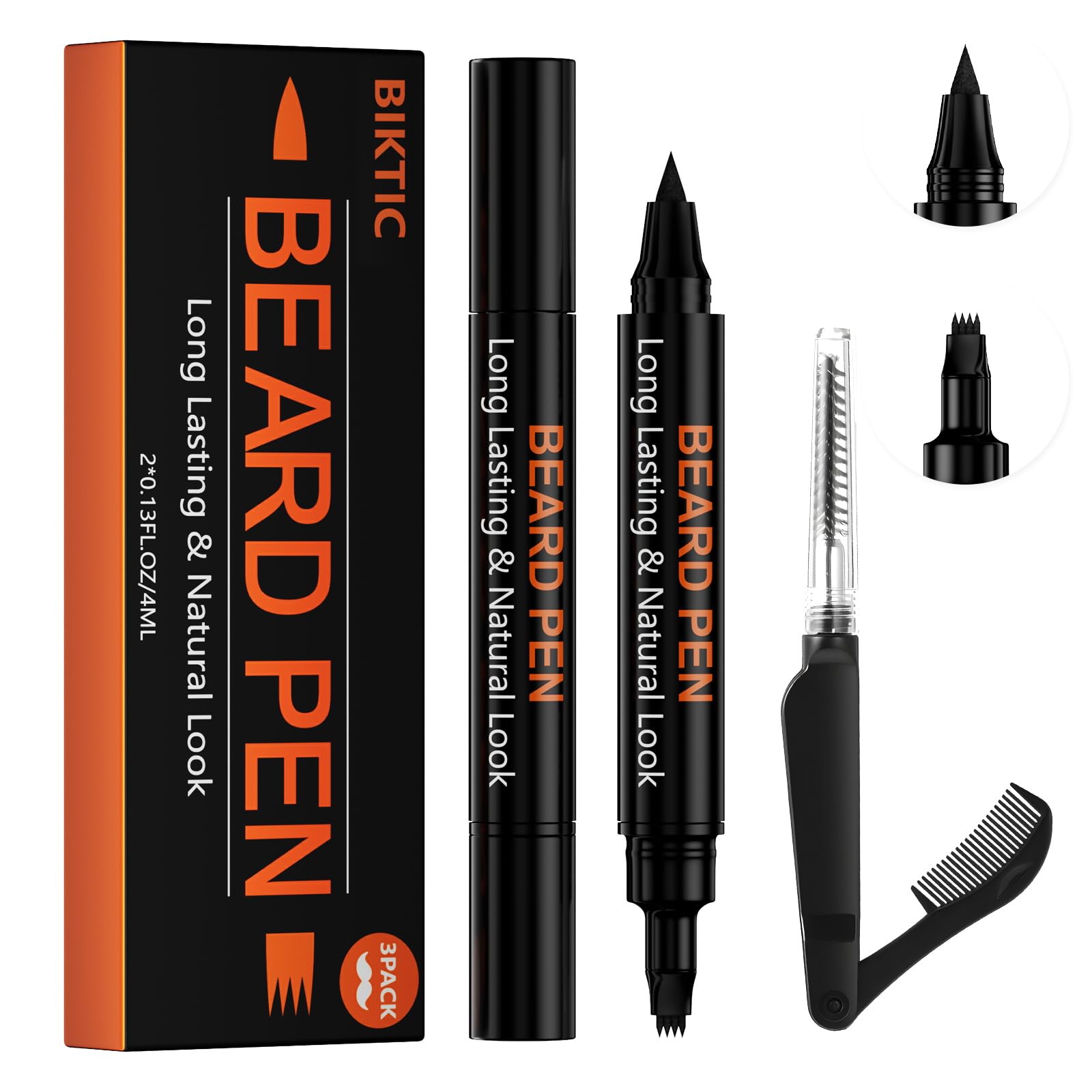 Photo 1 of 3-Pack Beard Pen Filler for Men, Waterproof & Sweat Proof Long-Lasting Beard Pen Kit with 2 Fillers & 1 Double-Headed Brush – Effectively Enhances Facial Hair (Black)