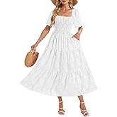 Simlakey Women's Summer Dresses 2025 Casual Maxi Dresses Boho Floral Short Sleeves Square Neck Beach Vacation with Pockets