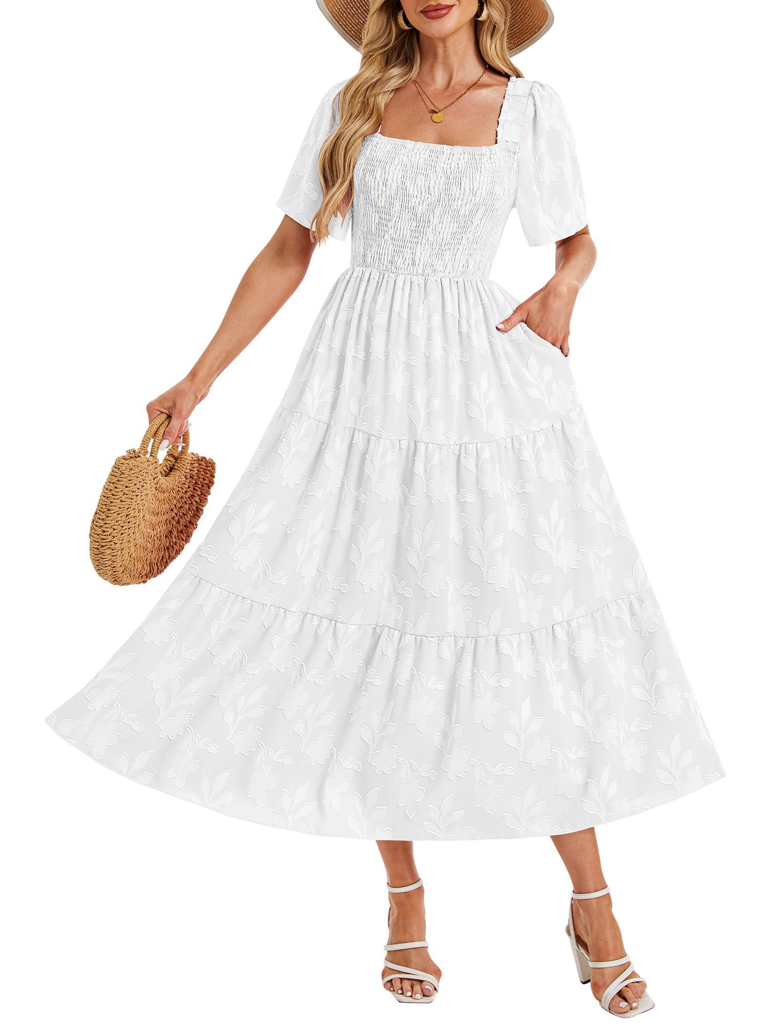 Photo 1 of Simlakey Women's Summer Dresses 2025 Casual Maxi Dresses Boho Floral Short Sleeves Square Neck Beach Vacation with Pockets(White,M)