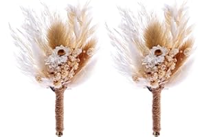 BONSION Natural Dried Flowers Boutonniere for Men Wedding Set of 2, Boho Wedding Groom and Groomsmen Boutonniere for Wedding Ceremony Anniversary, Formal Dinner and Fall Vintage Wedding (White-01)