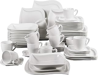 MALACASA, Serie Elvira, 60 TLG. CremeWeiß Porzellan Geschirrset Kombiservice Tafelservice mit Tassen, Untertassen, Dessertteller, Suppenteller und Flachteller für 12 Person