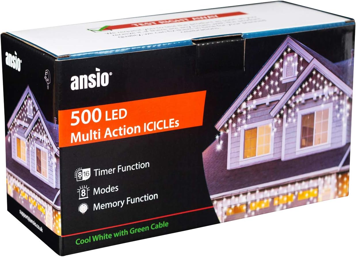 ANSIO® Outdoor Christmas Lights 500 LED 17.4m/56ft Icicle Lights Outdoor & Indoor Cool White Decorations String Fairy Outside Lights with Timer for Xmas Garden Bedroom Party