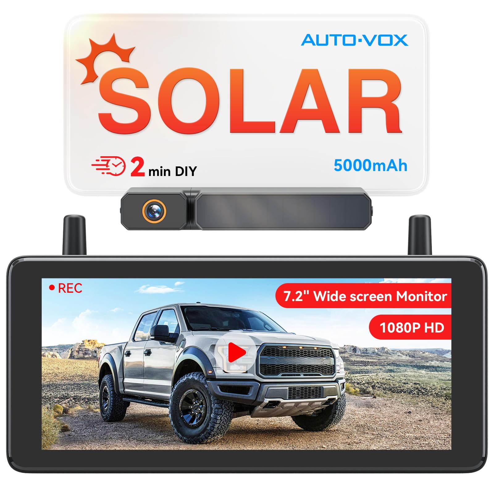 Photo 1 of AUTO-VOX 7.2" DVR Portable Solar Wireless Backup Camera:HD 1080P 2 Min Quick Installation Support 2 Split Screen Back up Camera, IP69K Waterproof Reverse Camera for Car, Van, SUV, Truck, Trailer