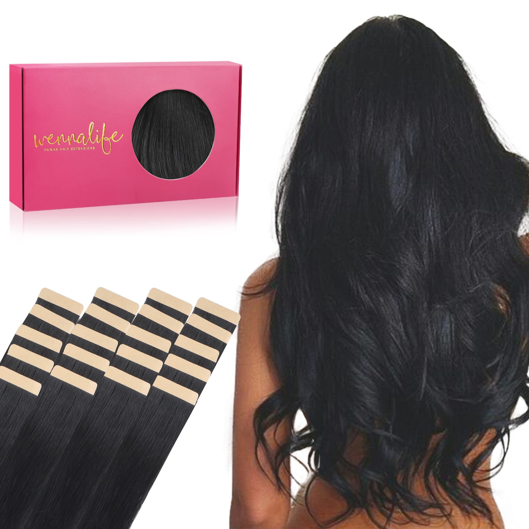 Wennalife Tape in Hair Extensions Human Hair, 20pcs 22 Inch 50g #1 Jet Black Remy Human Hair Extensions — image 1