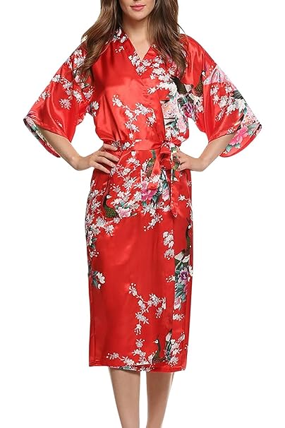 Dolamen Damen Morgenmantel Kimono, glatte Satin Nachtwäsche Bademantel Robe mit Peacock und Blume Kimono Negligee Seidenrobe 