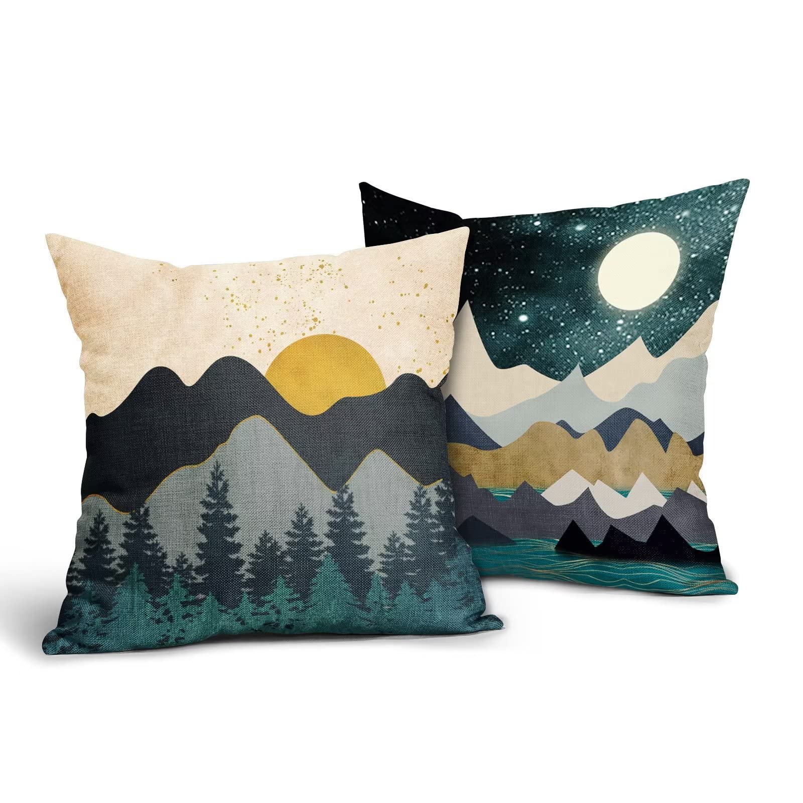 Photo 1 of ABSOP Abstract Boho Throw Pillow Covers 18x18 Inch Set of 2 Mountain Nature Landscape Sunset Forest Linen Pillow Covers Modern Cushion Case for Home Sofa Couch Bed Outdoor Indoor Decoration