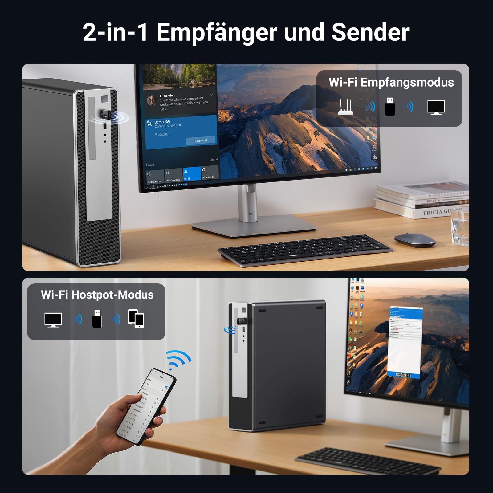 UGREEN WLAN Stick für PC AX900 WiFi 6 Primär WLAN Adapter PC Dual Band 2,4G/5GHz, eingebauter Treiber, OFDMA+MU-MIMO, WPA2-PSK, USB WLAN Stick kompatibel mit Windows 11/10. 4