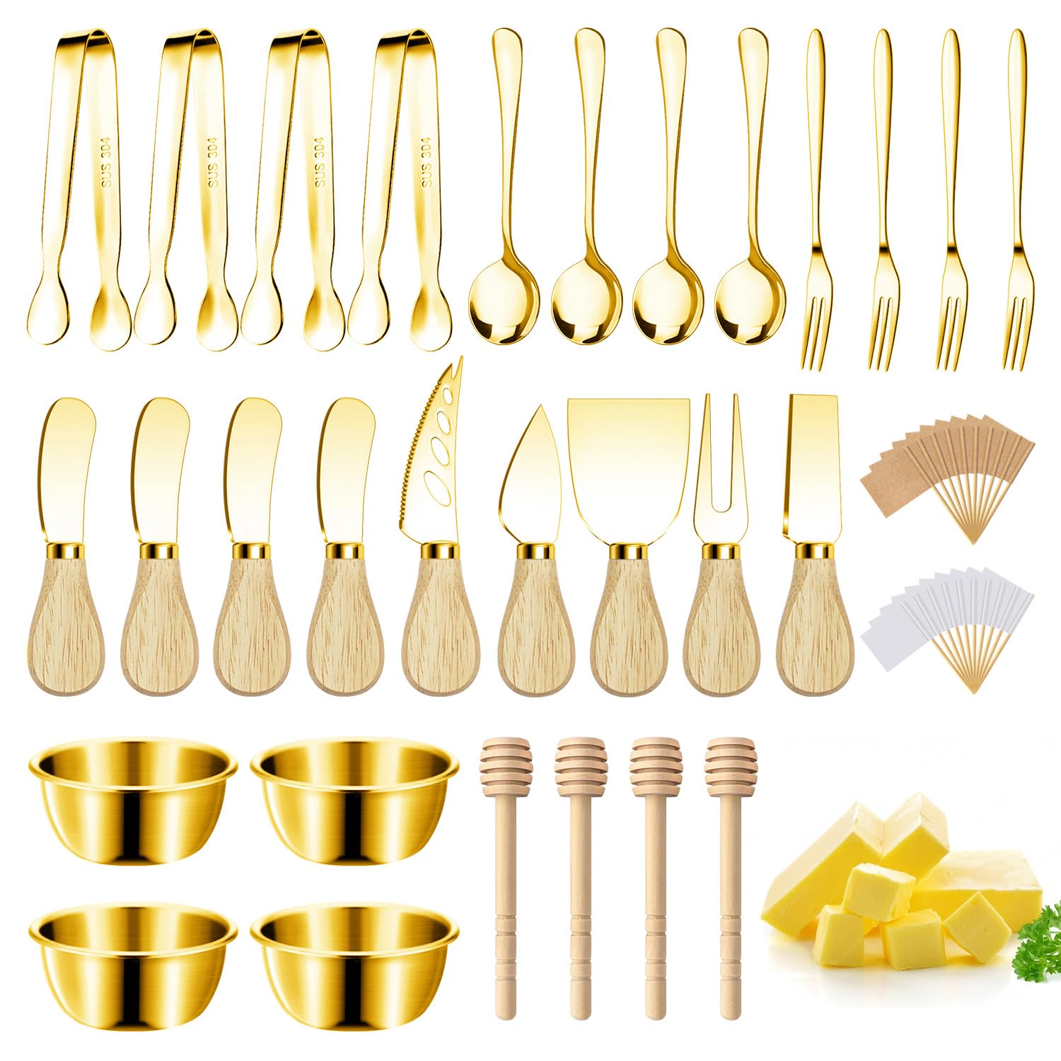 Photo 1 of Charcuterie Boards Accessories Gold Charcuterie Utensils Cheese Butter Spreader Knife Set Small Serving Tongs Forks and Spoons Dipping Bowls Honey Dippers Toothpick Flags for Party Platter Making