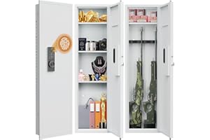 Omethey 53.15" Wall Safe Between the Studs, Biometric Fingerprint Hidden Safe with Dual Alarm System and Silent Mode, Wall Gun Safe with 3 Adjustable Shelves and Magnetic Slot (White-Fingerprint)