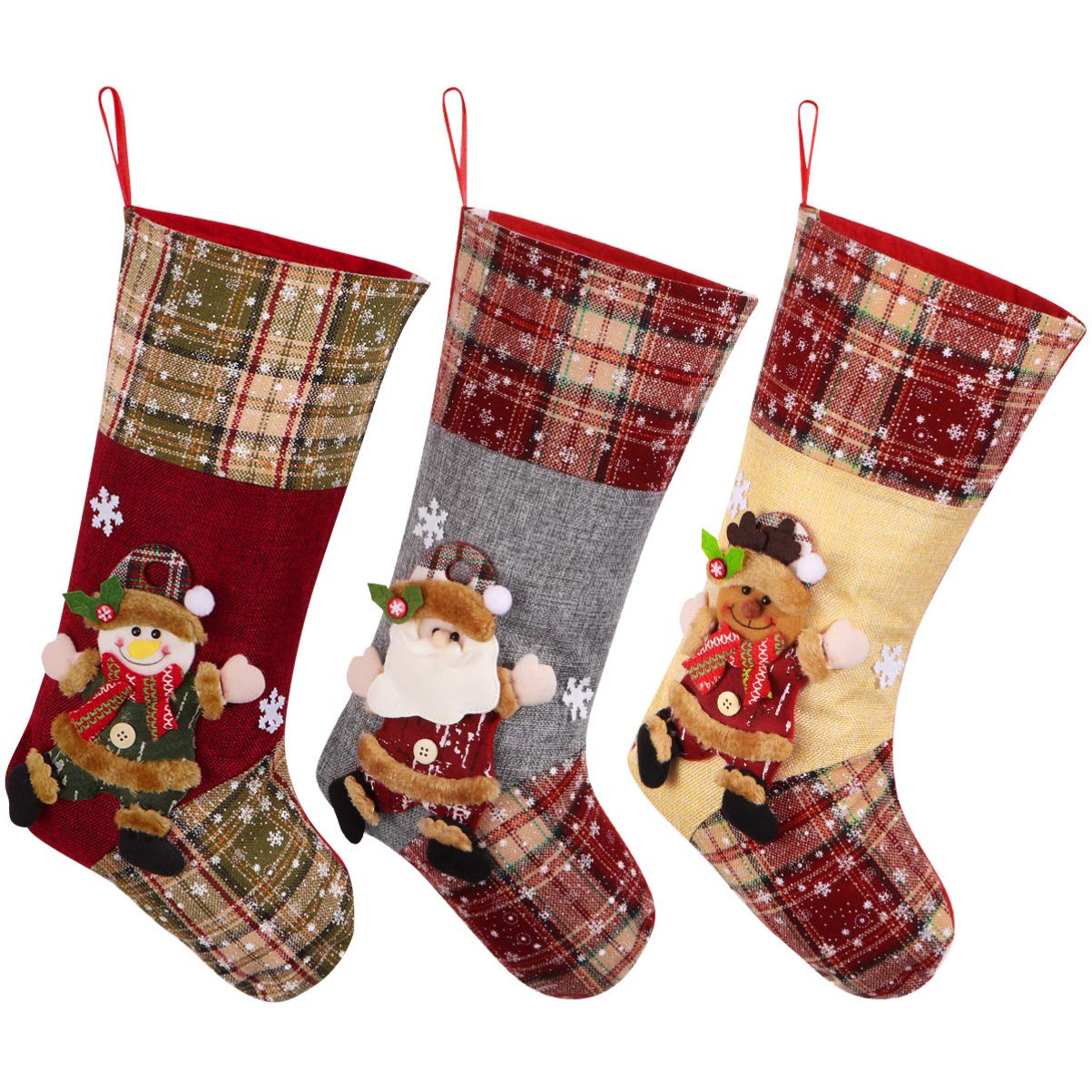 Christmas Stockings, Set of 3 Santa, Snowman, Reindeer Xmas Character 3D Plush Christmas Decorations