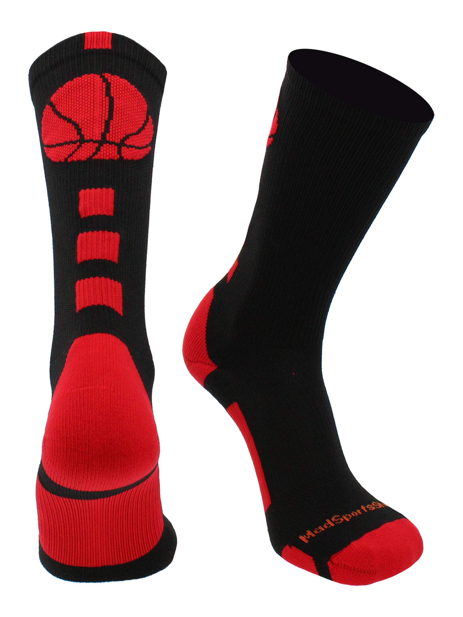 MadSportsStuff Calcetines de baloncesto para niños y niñas – Calcetines deportivos para jóvenes y adultos – Acolchados que absorben la humedad – Pequeño, negro/escarlata